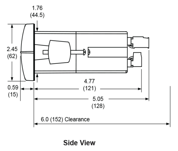 Technical drawing of a side view of a PD, featuring various measurements. The dimensions include 1.76 (44.5), 2.45 (62), 0.59 (15), 4.77 (121), 5.05 (128), and an overall clearance of 6.0 (152).