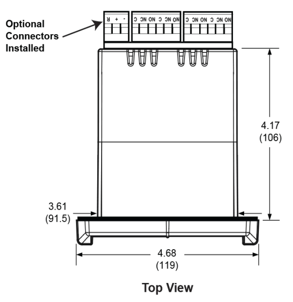 Top view line drawing of a PD with dimensions. The device has a width of 4.68 inches (119 mm) and a depth of 3.61 inches (91.5 mm), with an optional connector section at one end. The height measures 4.17 inches (106 mm).