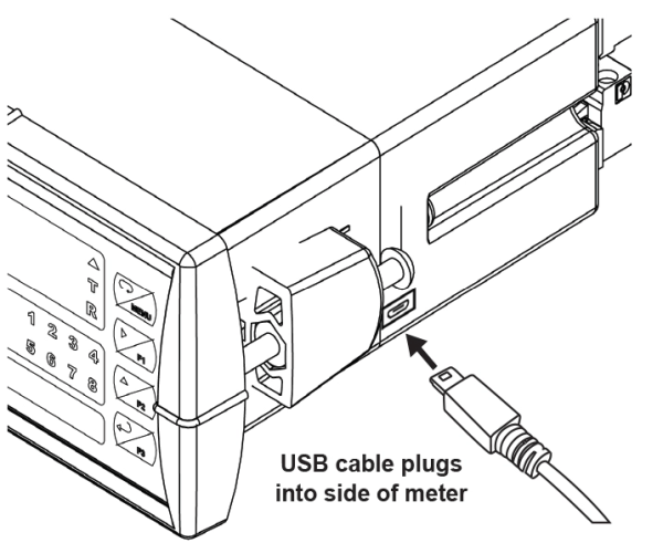 A black and white illustration of a PD, with a USB cable shown being inserted into a USB port on the side of the PD. An arrow points to the USB port, and a label beneath reads "USB cable plugs into side of PD.